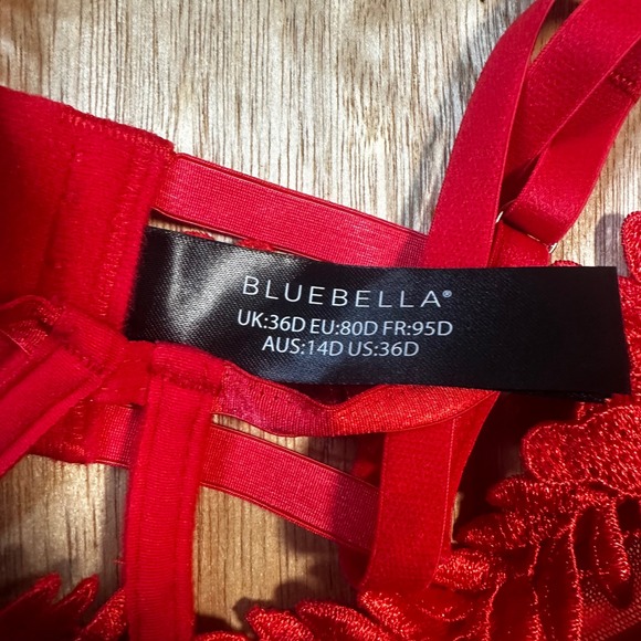 Bluebella Red Lace Trimmed Mesh Bra Thong Lingerie Set Womens Size L - Picture 5 of 12
